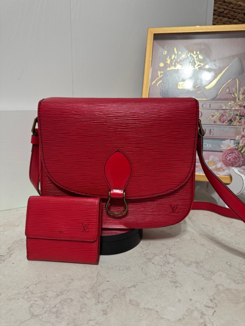 Louis Vuitton Red Epi Leather St Cloud Crossbody with Matching Wallet SET